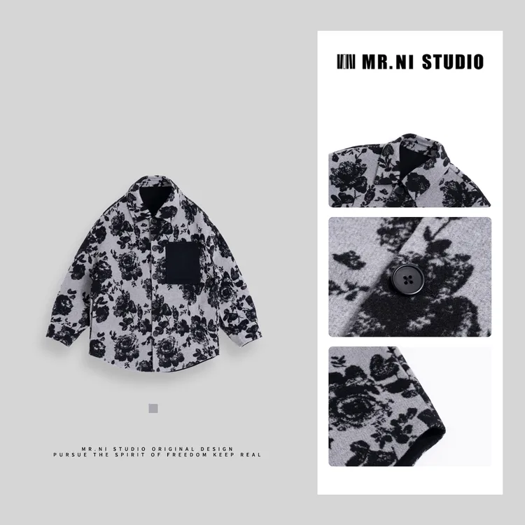 MR.NI/倪先生「东之神韵」匠人艺术黑花卉国风绵羊毛翻领毛呢外套