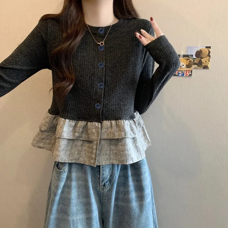 迪士意大码女装韩系荷叶边假两件打底长袖T恤女秋胖mm设计感正肩