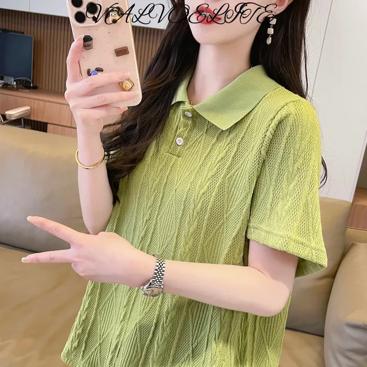 肌理感短袖polo衫翻领t恤女夏季新款宽松小个子正肩显瘦透气上衣