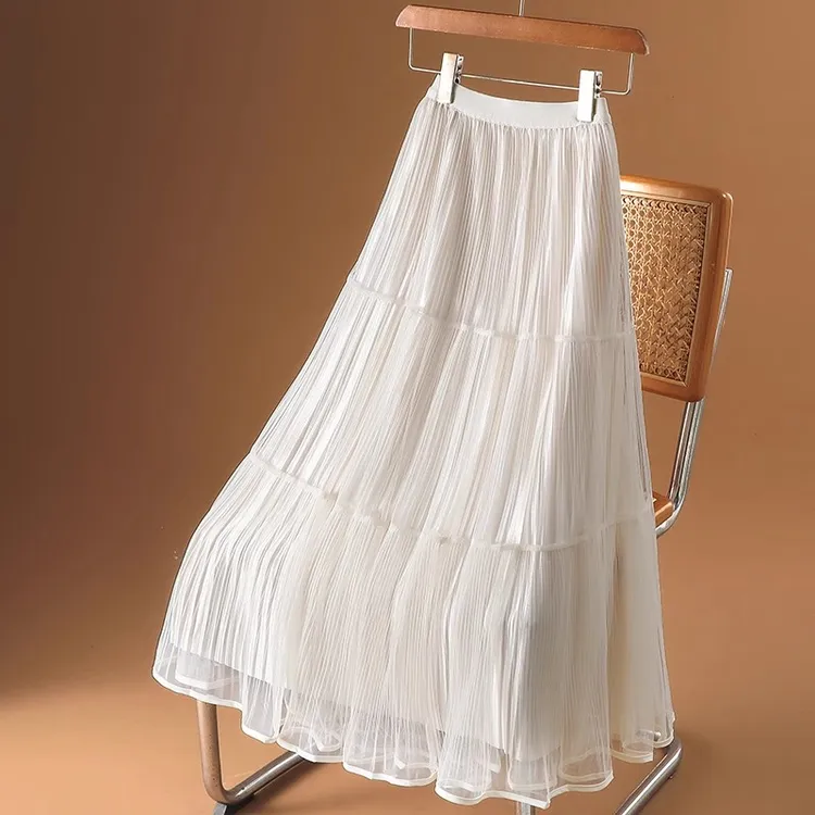 法式大摆纱裙蛋糕裙半身裙女春夏新款闪闪中长款两面穿网纱百褶裙