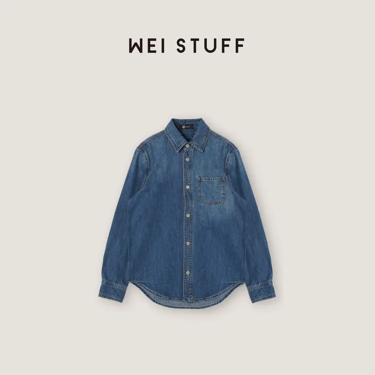 WEI STUFF“悠蓝叠韵”时尚休闲纯棉翻领蓝色牛仔衬衫 8128