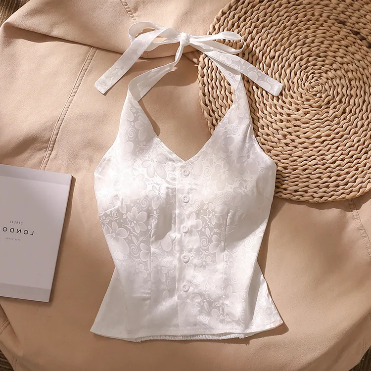 白色醋酸缎面挂脖吊带背心女夏季内搭新中式国风印花抹胸上衣外穿