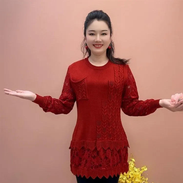 新款中长款针织蕾丝连衣裙秋冬宽松百搭套头衫