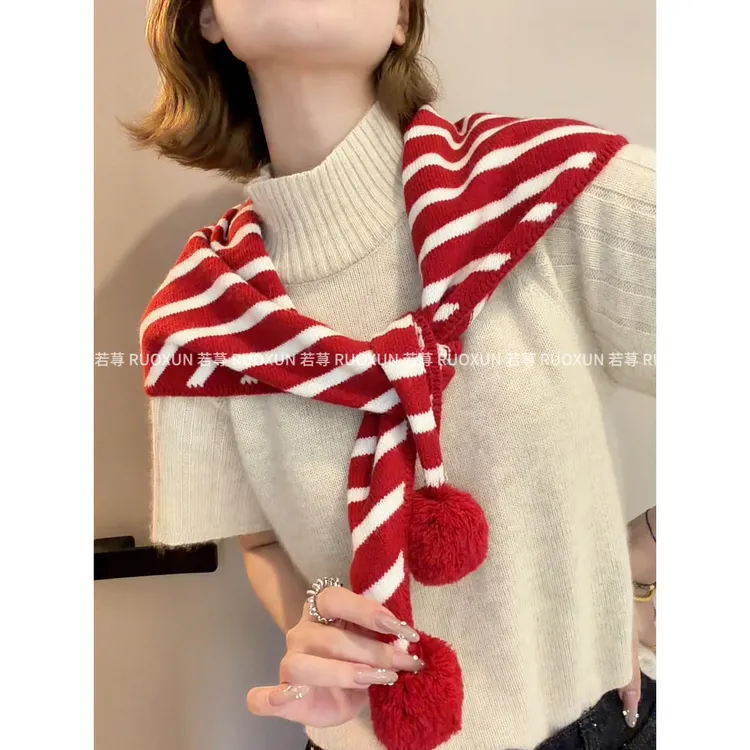 RUOXUN手工毛球针织围巾女秋冬拼色条纹三角巾百搭显白围脖