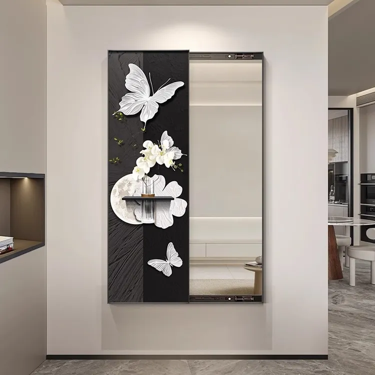 轻奢高级感玄关装饰画蝴蝶花卉隐藏式全身镜入户门挂画现代壁画