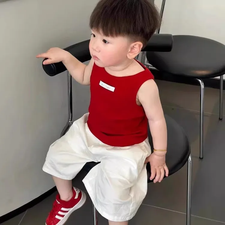2025新款夏季男童痞帅潮酷小少爷套装时髦炸街男宝百搭背心阔腿裤