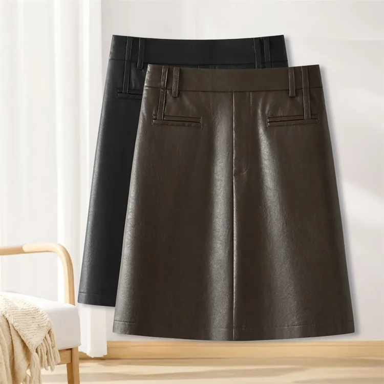 PU半身裙女2025秋冬新款咖色a字半裙时尚百搭气质皮裙高腰一步裙