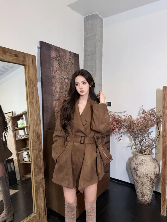 Mio Studio【琥珀流光】秋冬鹿皮绒风衣琥珀流光色鹿皮格子拼色风衣