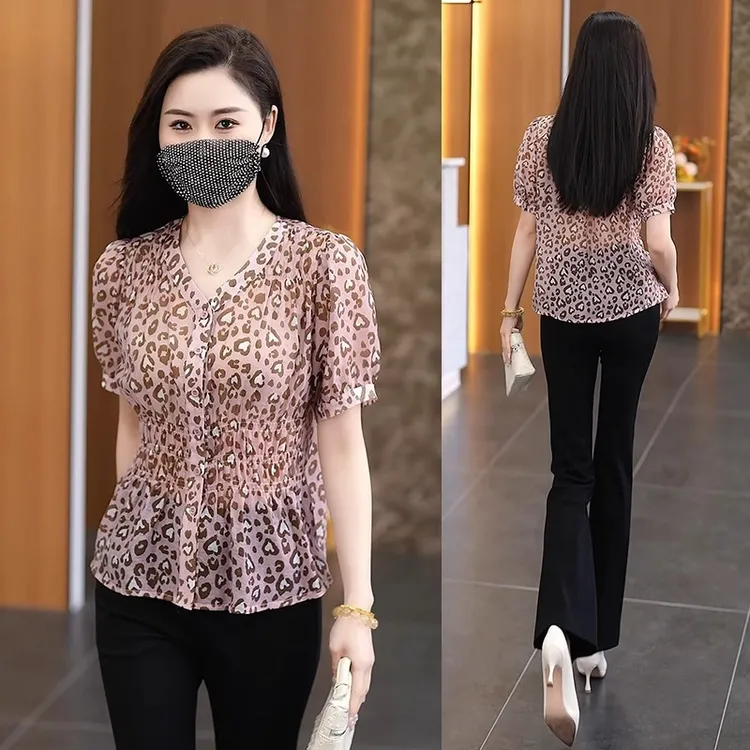 碎花雪纺衫女短袖2025夏季新款时尚减龄显瘦收腰上衣气质v领小衫