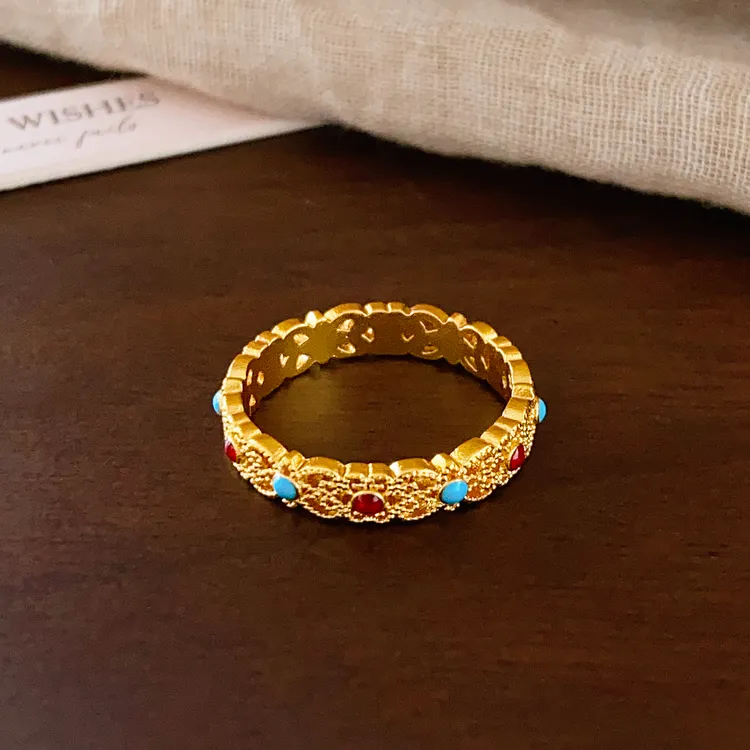 铜合金戒指 金色珐琅彩开口戒指女轻奢高级感食指戒小众设计指环