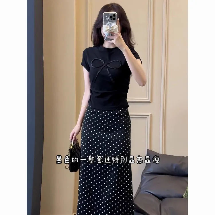 蝴蝶结短袖T恤修身显瘦正肩上衣搭配波点半身裙套装