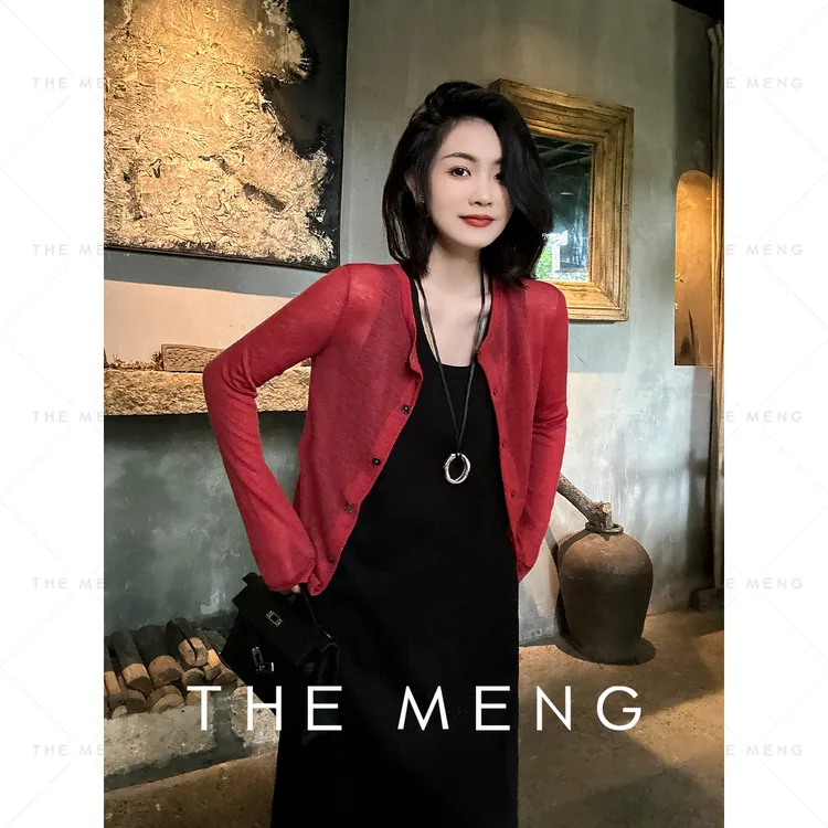 THE MENG【晚间】100美丽诺绵羊毛纯色长袖开衫毛针织衫#M242E0028