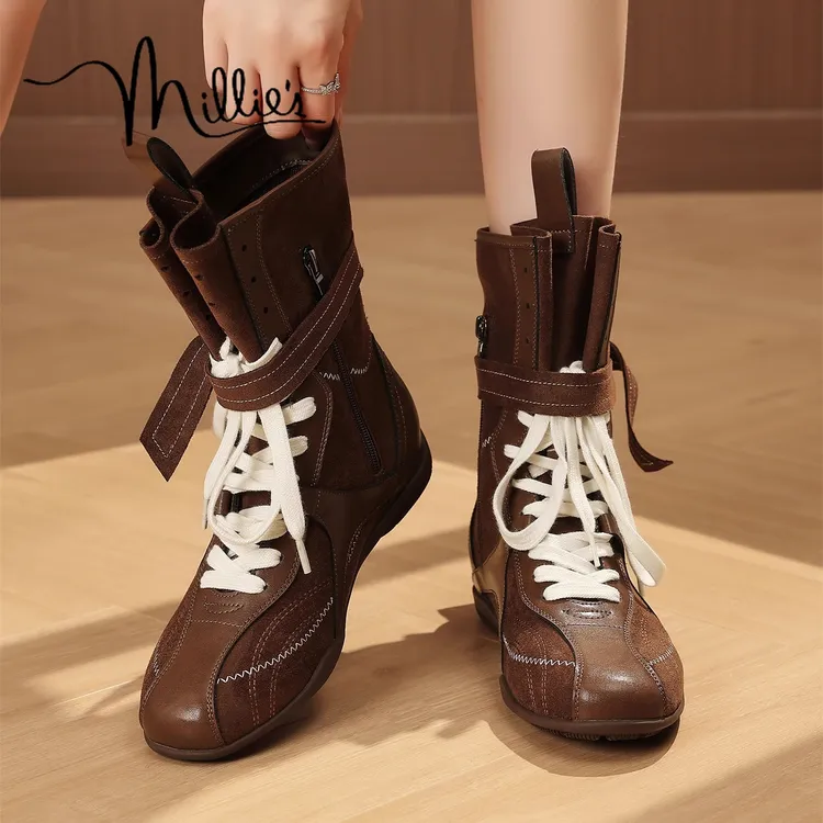 MILLIE'S/妙丽复古英伦风厚底马丁靴女款2025新款夏配裙子中筒靴