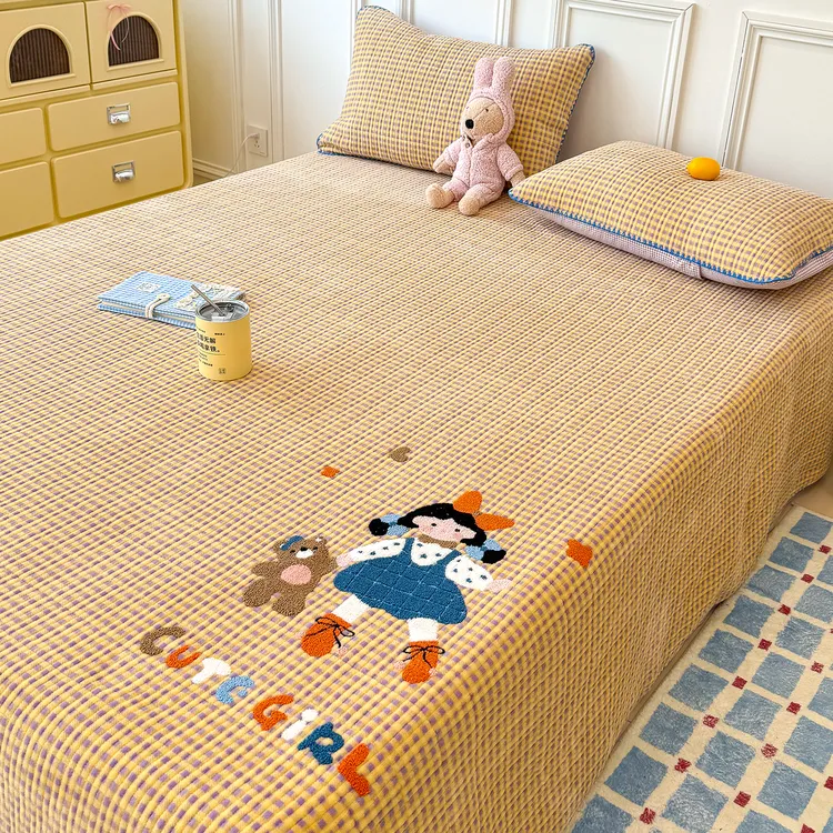 A类卡通牛奶绒床盖单件2026新款毛巾绣夹棉床单榻榻米防滑床垫子