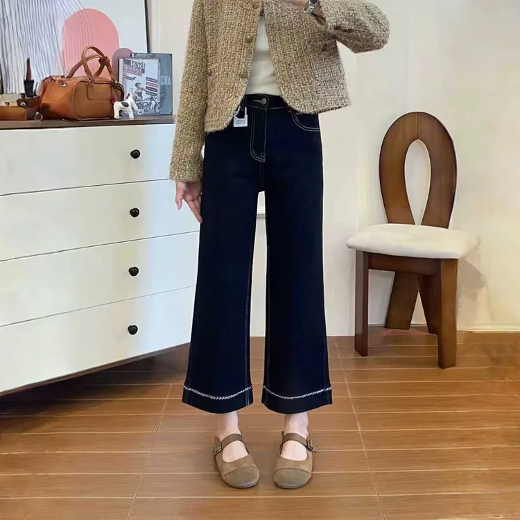 刺绣直筒牛仔裤女款爆款2025秋季新款大码高腰宽松显瘦弹力九分裤