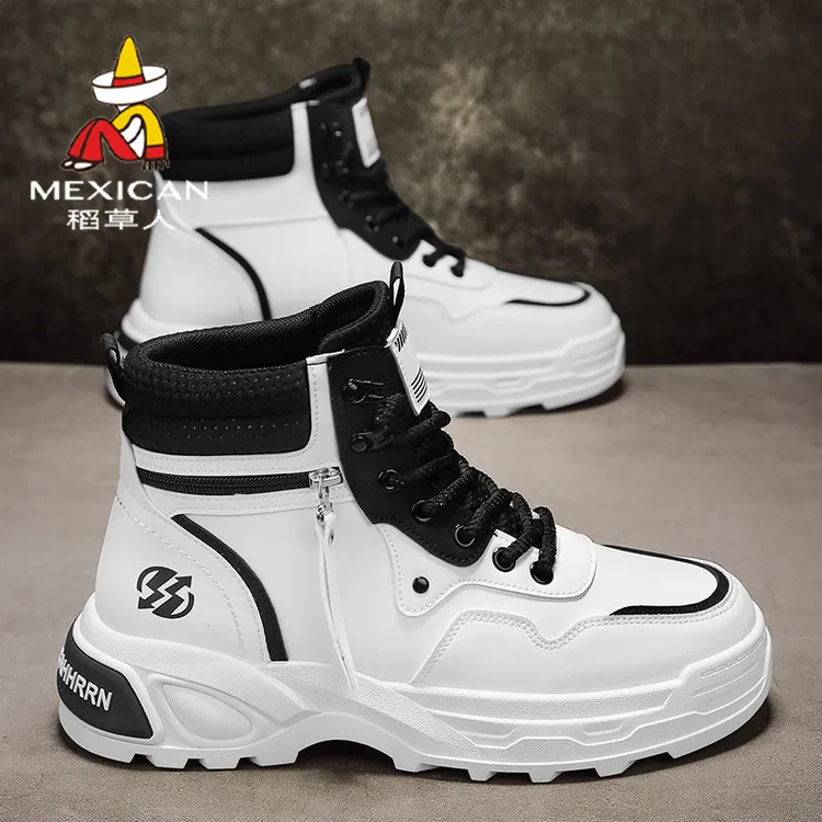 稻草人靴子男款冬季皮面防水防滑保暖高帮马丁靴百搭户外工装靴商品图