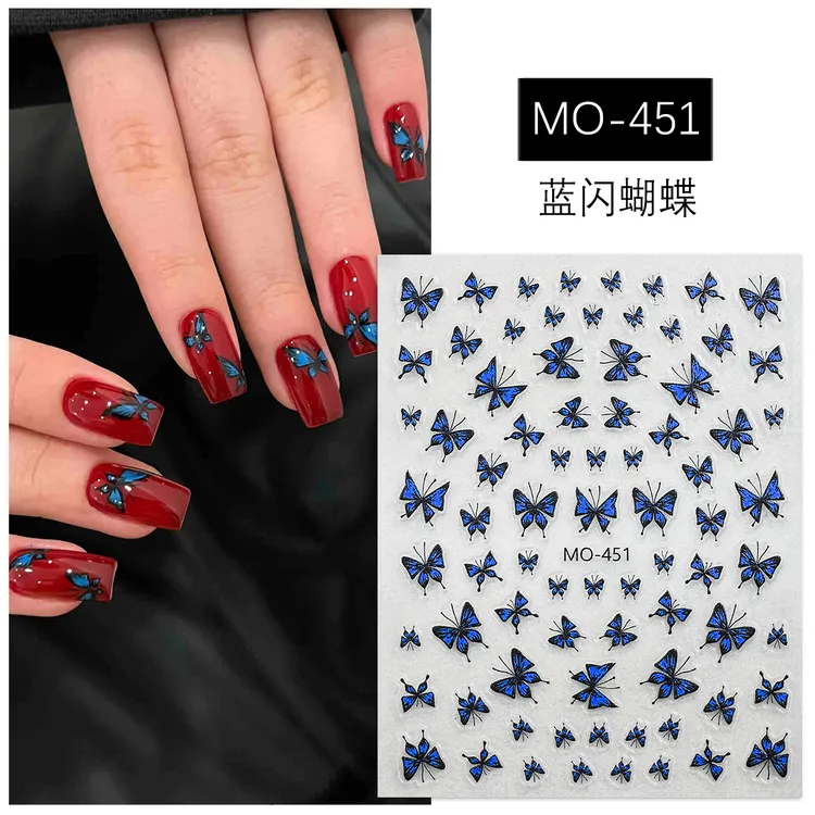 美甲蝴蝶贴纸立体浮雕蓝精灵蓝色蓝闪蝴蝶黑白色蝴蝶