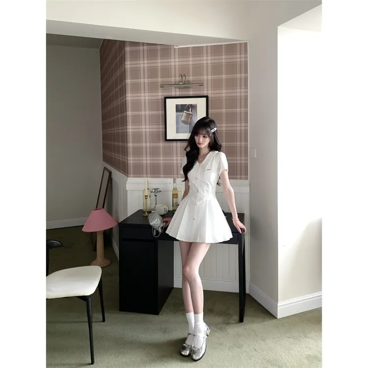海盐茉莉 学院风白色衬衫连衣裙夏季初恋感收腰百褶裙女