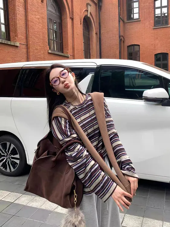 撞色条纹长袖t恤女2025新款秋季美式复古宽松休闲百搭打底衫上衣