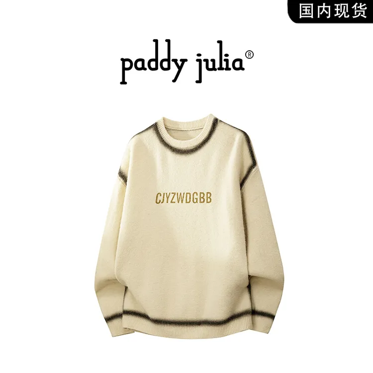 Paddy julia美式圆领毛衣男春秋季潮牌字母印花针织衫高级感衣服