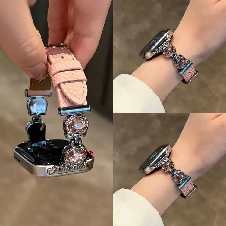 适用华为FIT4真皮表带watchfit4pro荔枝纹皮fit3施华洛镶钻表链女