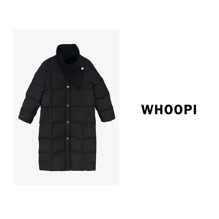 【Whoopi】【黑金羽绒服】设计感领口不对称拼接羽绒服 超显瘦！配腰带