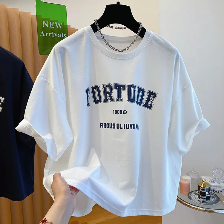 白色钉珠字母印花t恤女短袖2025夏季新款宽松休闲圆领落肩袖上衣