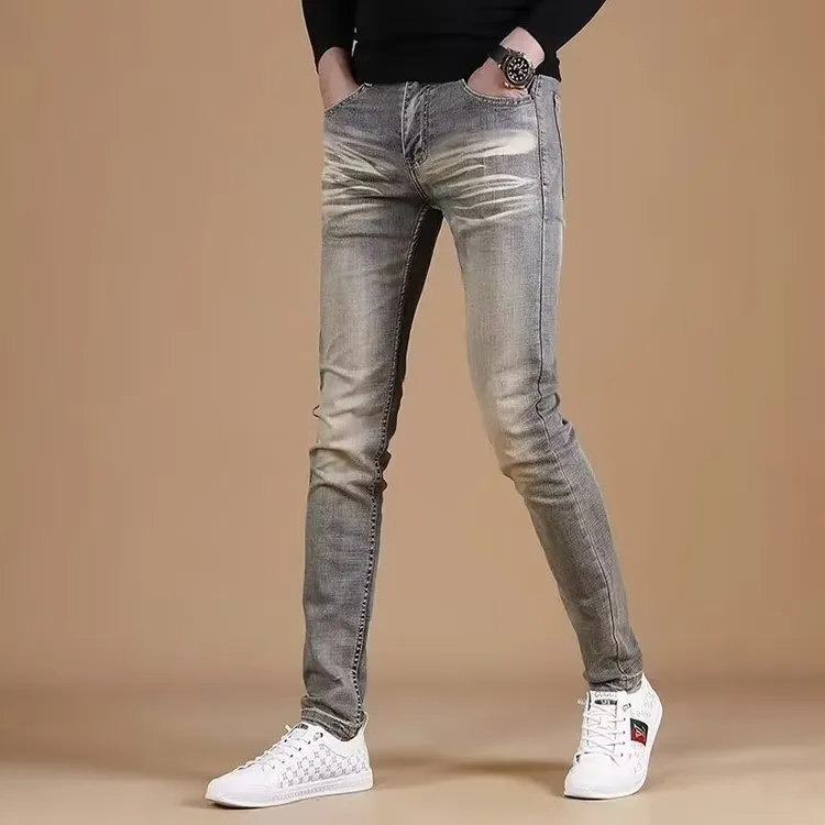 秋冬加绒美式高端复古做旧牛仔裤男潮牌修身小脚弹力长裤休闲裤子