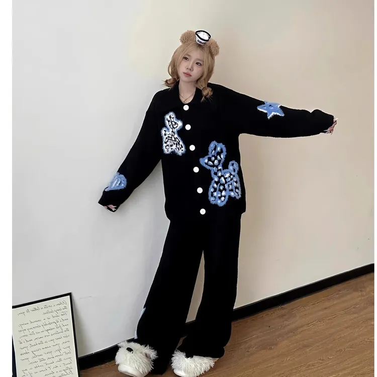 甜美卡通针织睡衣女秋冬新款半边绒加绒加厚家居服大码套装可外穿