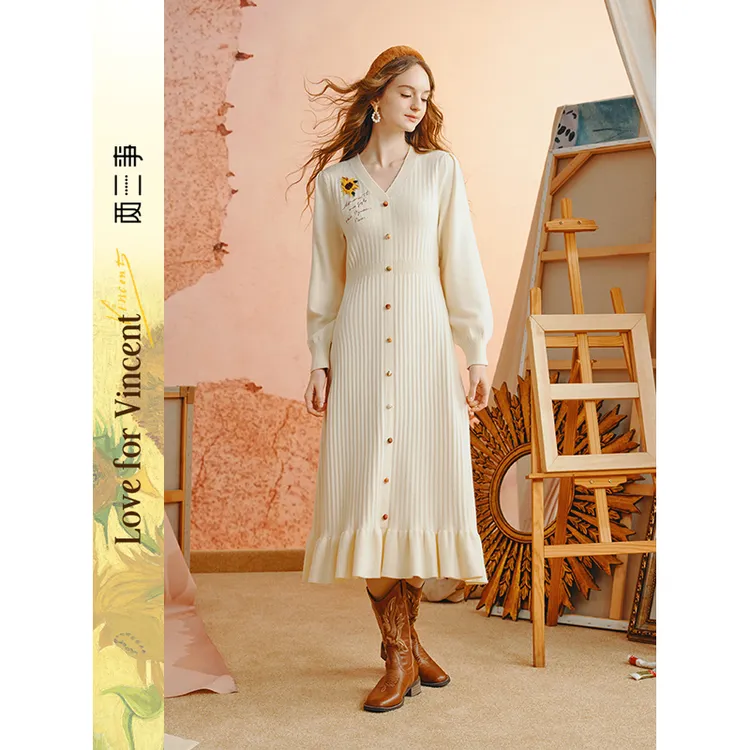 两三事暗香昼永新款时尚洋气百搭女装禅意仙气飘飘针织连衣裙长裙