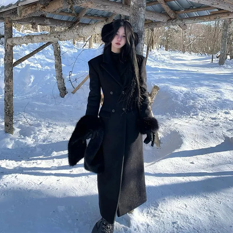富家千金黑色毛呢外套女2025冬季高级感加厚长版毛领收腰呢子大衣