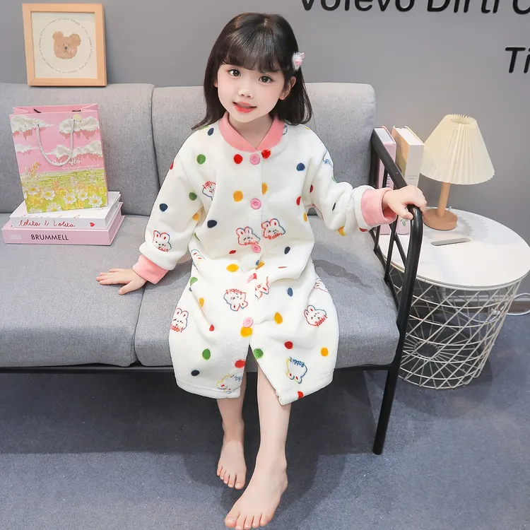 女童法兰绒睡袍秋冬季加厚睡衣宝宝吸水浴袍儿童法兰绒开衫家居服