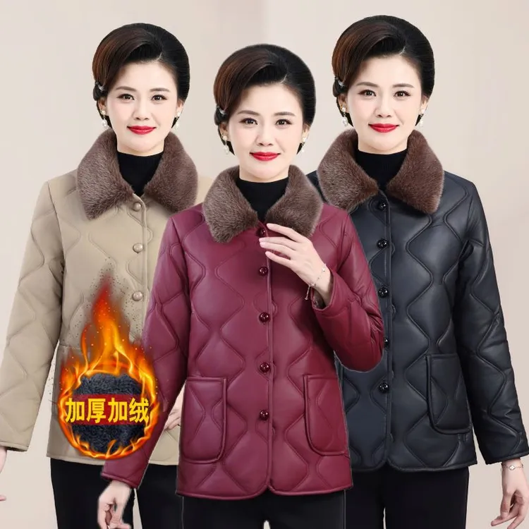 加绒加厚免洗PU棉袄冬季新款中老年洋气妈妈保暖中年棉服棉衣外套