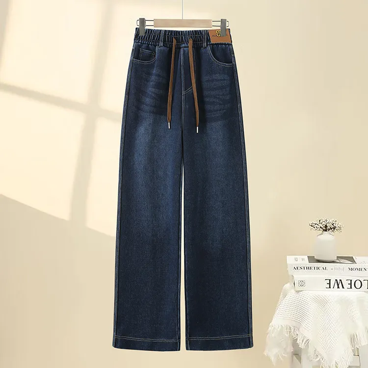 春秋季直筒2025年女裤新款休闲长裤女大码牛仔裤抽绳松紧腰