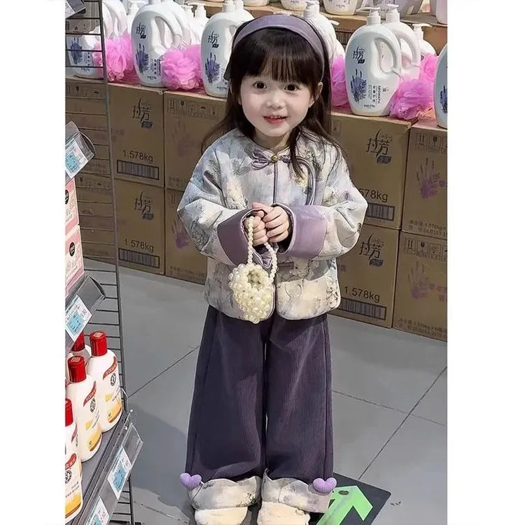 女童新中式唐装套装2025新款儿童夹棉保暖上衣小女孩国风盘扣棉服