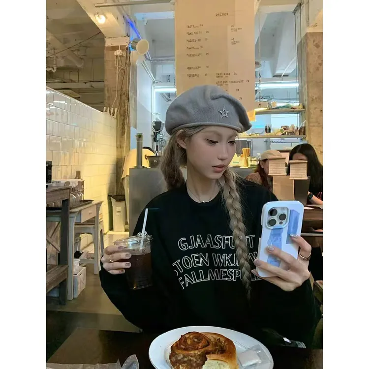 YWBY潮牌女装秋冬季美式复古加绒加厚宽松圆领卫衣休闲宽松显瘦