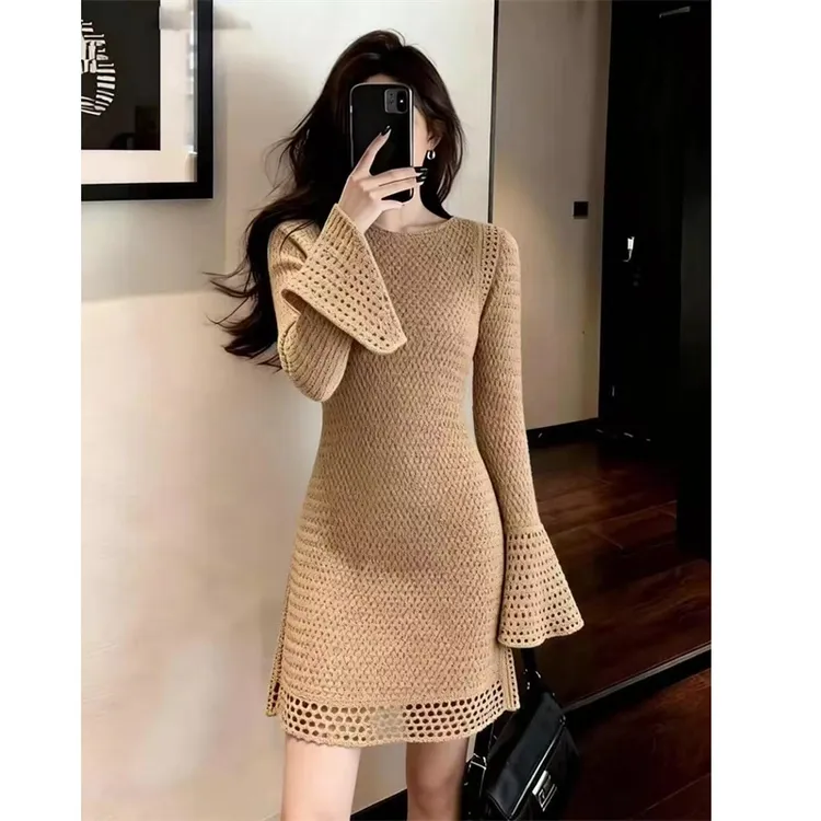 VASI法式卡其色镂空针织连衣裙女冬季气质女神范收腰包臀短裙