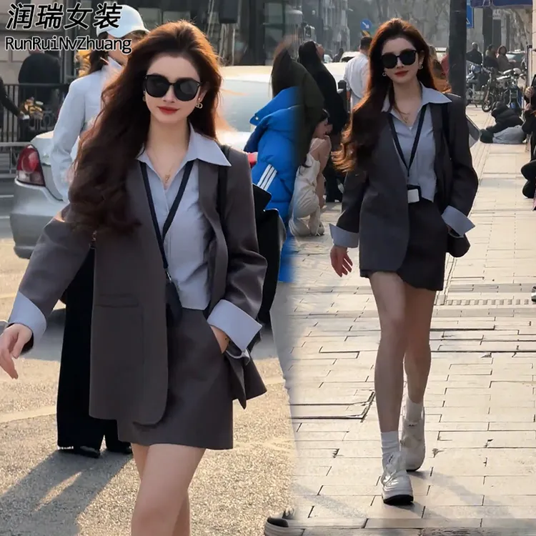 气质秋季韩版黑色网红时尚套装休闲风休闲森系学生小西装法式包裙