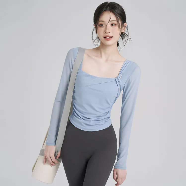 带胸垫瑜伽服女透气舞蹈跑步运动上衣网纱气质普拉提健身长袖秋冬