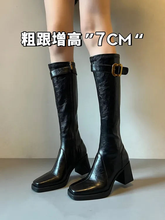 升级版~加绒长筒靴女2025新款方头皮带扣骑士靴粗跟显瘦增高长靴