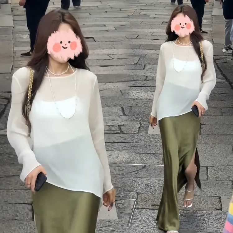 高级感气质名媛垂坠感醋酸裙子半身裙夏季薄款网纱防晒上衣长袖女