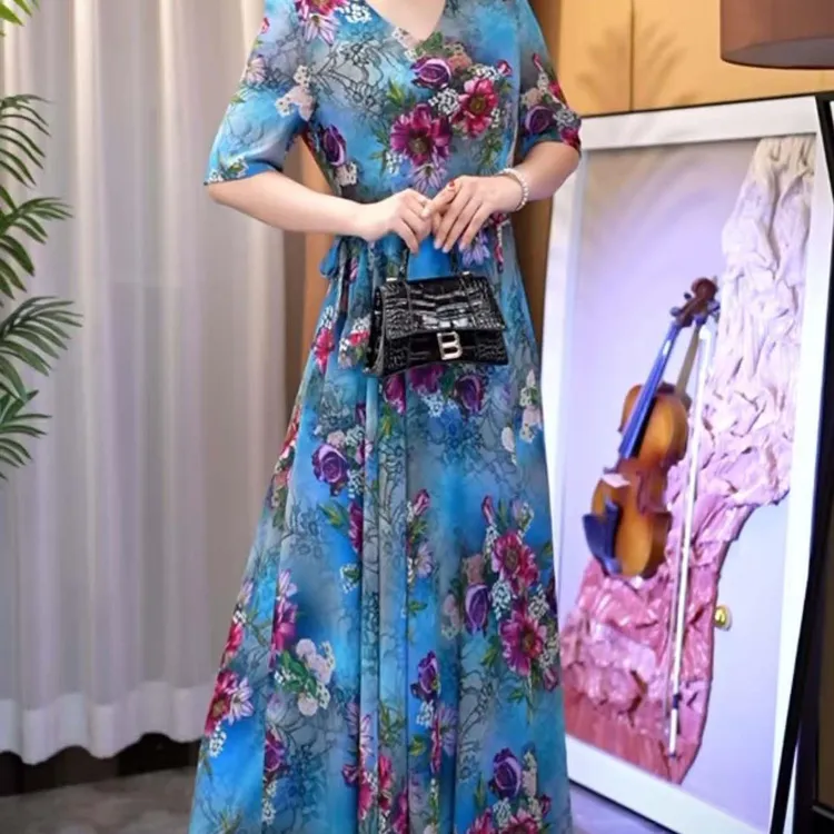 香衣丽华08-361夏季新款五分袖3D印染长款过膝大摆连衣裙修身显瘦