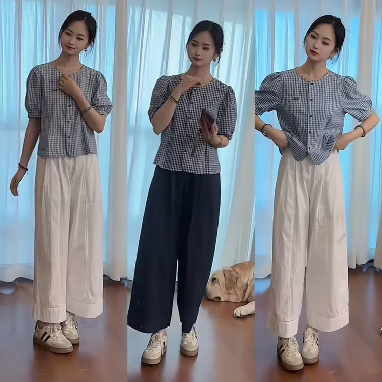 爆款流行夏季两件套女装格子短袖小衫+九分阔腿裤休闲减龄两件套