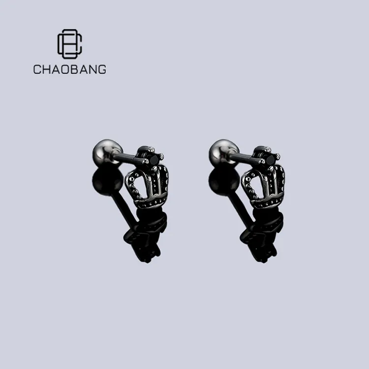 chaobang/潮邦 钛钢耳饰 黑武士镶钻皇冠耳钉轻奢耳饰冷淡风饰品