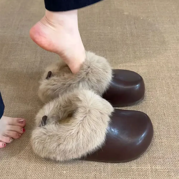 OJRZ内增高一脚蹬毛毛皮面包头拖女2025冬厚底懒人半拖鞋冬季保暖