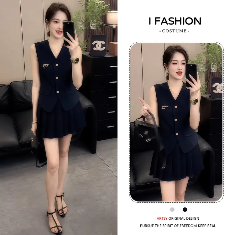 时尚学院风套装女2025夏季新款气质女神范宽松无袖马甲短裙两件套