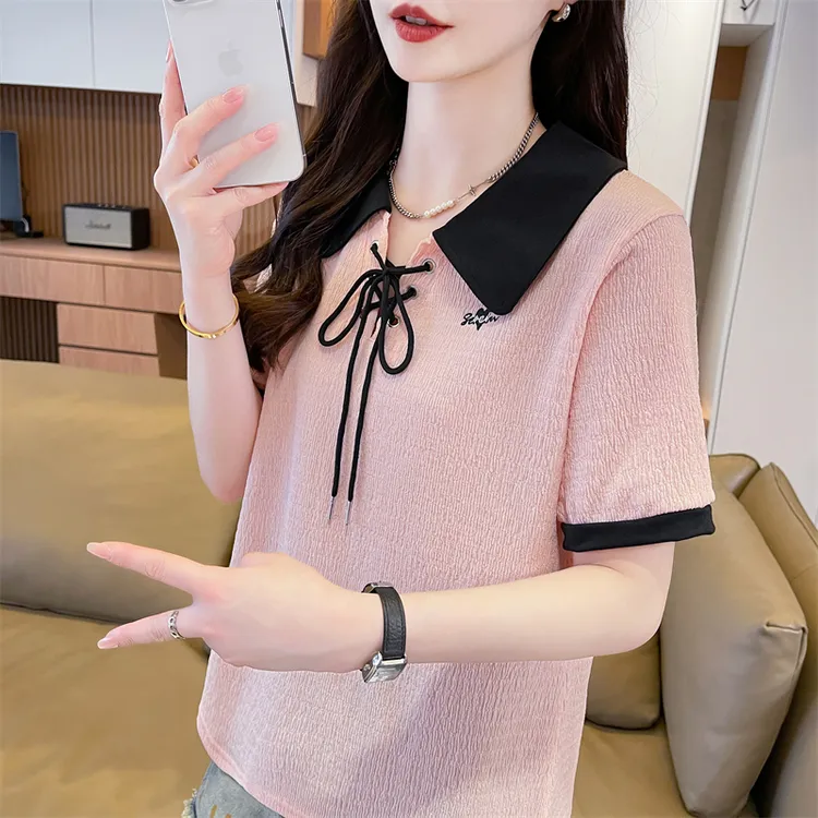 polo领系带短袖t恤女2025新款夏季韩版宽松大码撞色假两件上衣服