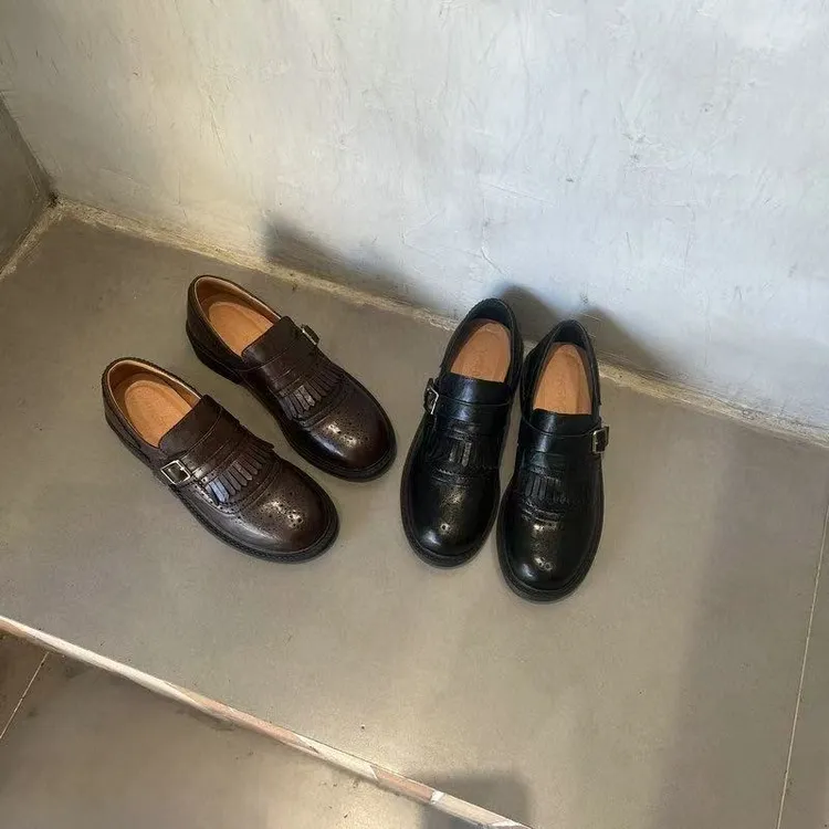 工厂价羊皮纹英伦风百搭乐福女鞋新款厚底真皮一脚蹬小皮鞋