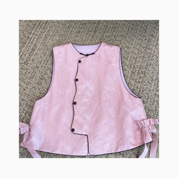 LNHJ【粉黛】精致设计感暗纹提花两侧蝴蝶结真丝亚麻棉无袖马甲 