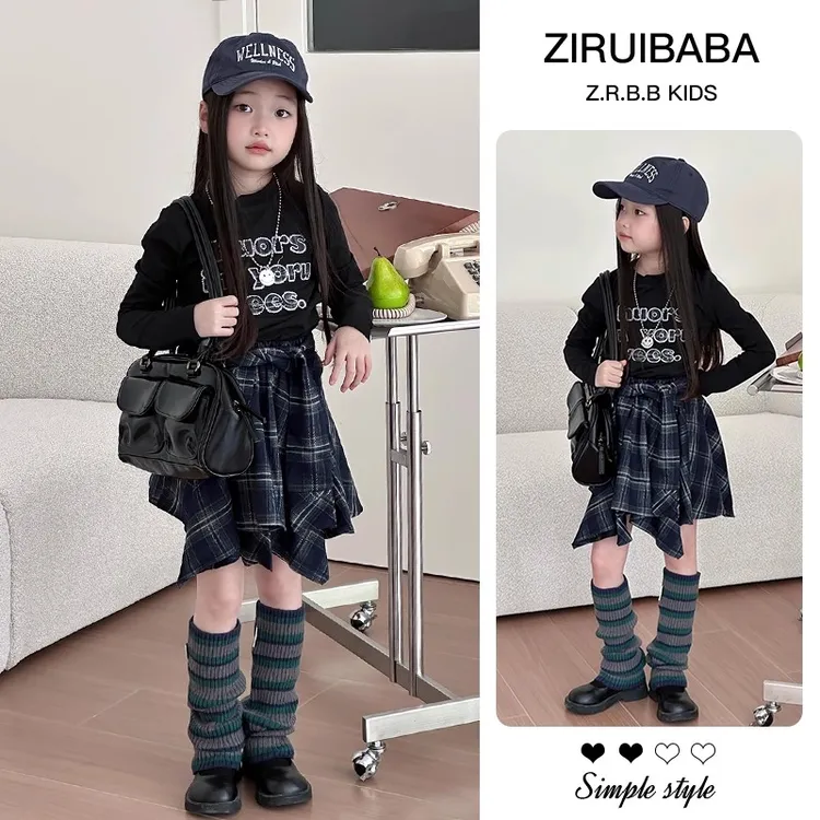 女童秋季半身裙套装2025新款女孩韩系洋气长袖t恤儿童爆款格子裙9